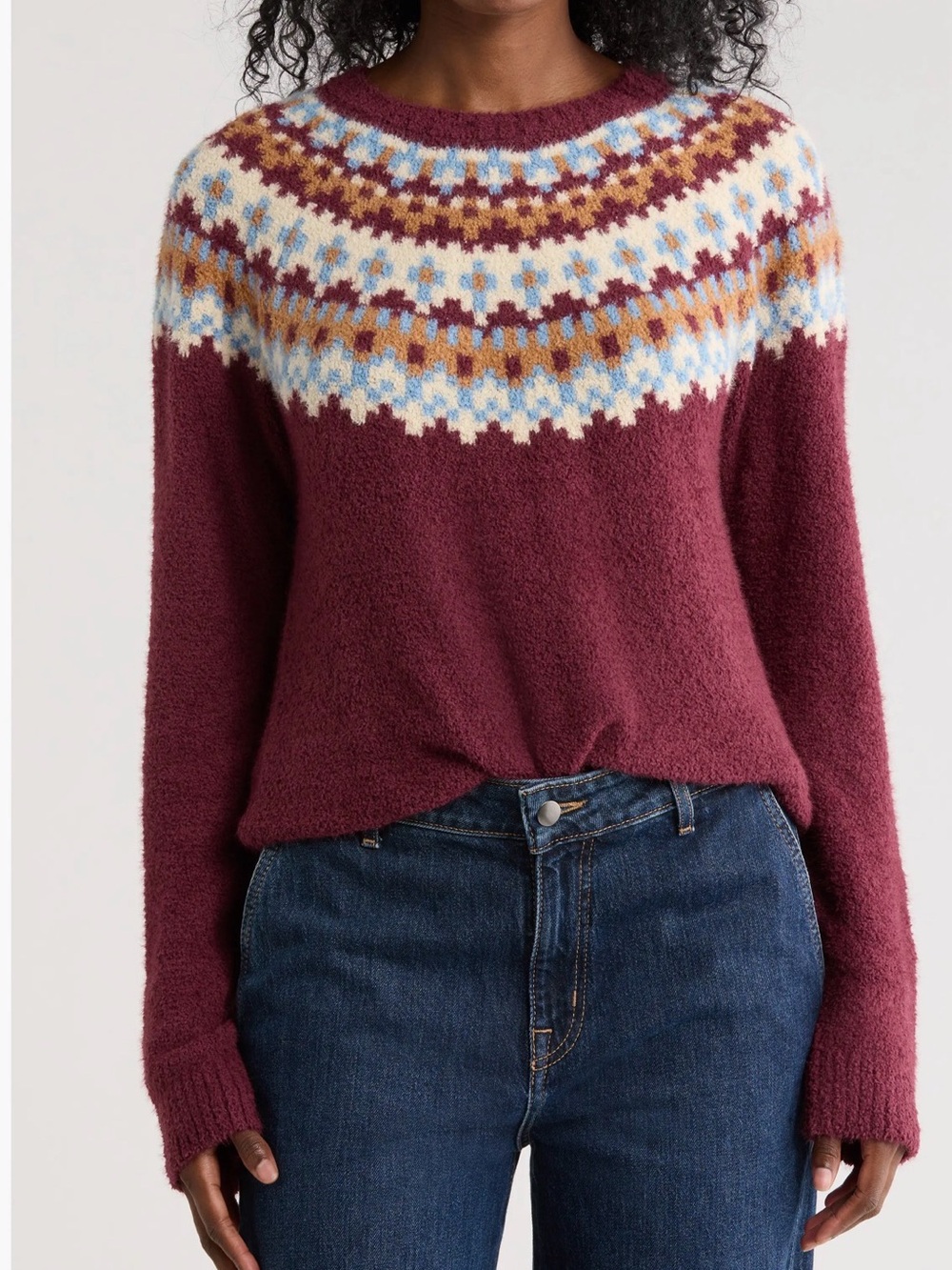 bobeau Maroon Fair Isle Yoke Crewneck Sweater